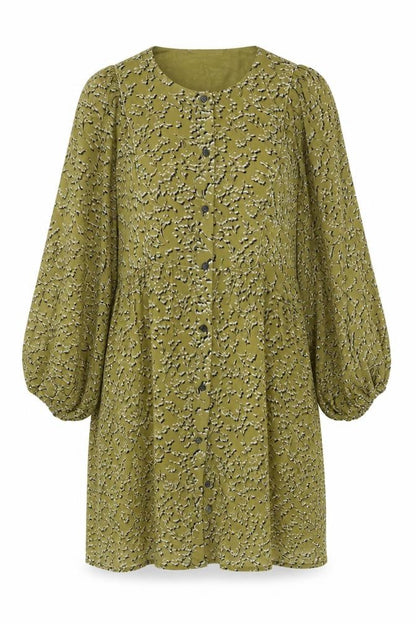 Front view of Soft Rebels women’s green floral polyester shift, size S, crew neck button