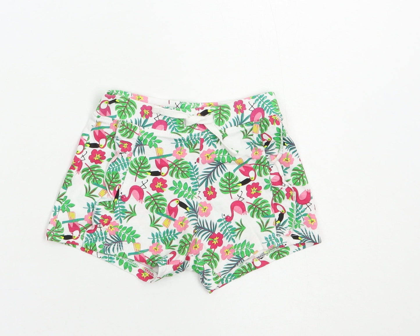 Primark Baby White Floral Cotton Cropped Trousers Size 12 Months  Drawstring - Exotic Birds