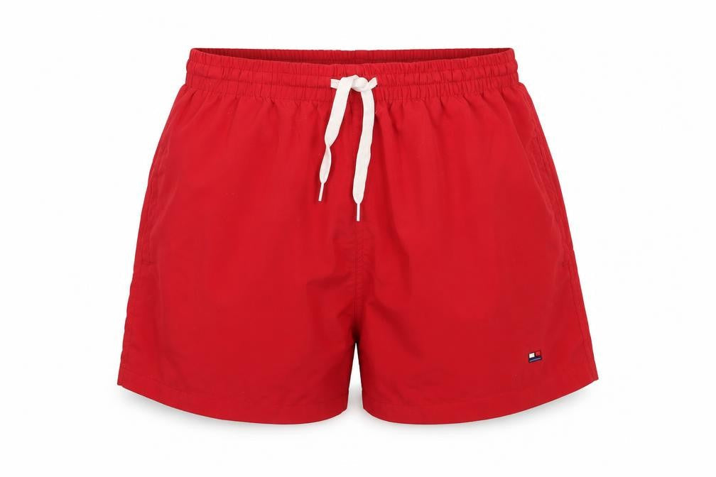 Front view of Asia Line women’s red polyester bermuda shorts, size S, 4-inch leg regular drawstring