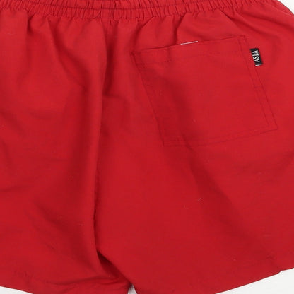 Brand and care label for Asia Line women’s red polyester bermuda shorts, size S, 4-inch leg regular drawstring