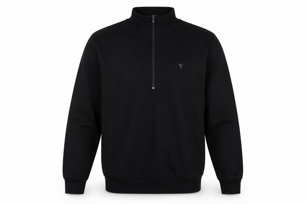 Front view of Studio men’s black polyester full zip hoodie, size S