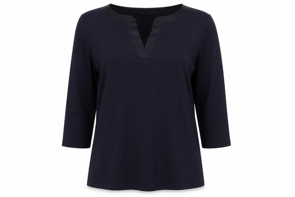 Front view of Rob women’s blue viscose basic blouse, size UK 12, v-neck