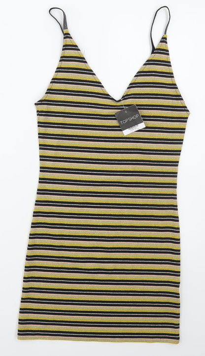Topshop Womens Gold Striped Viscose Mini  Size 12  V-Neck Pullover