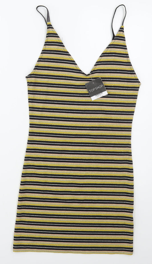 Topshop Womens Gold Striped Viscose Mini  Size 12  V-Neck Pullover