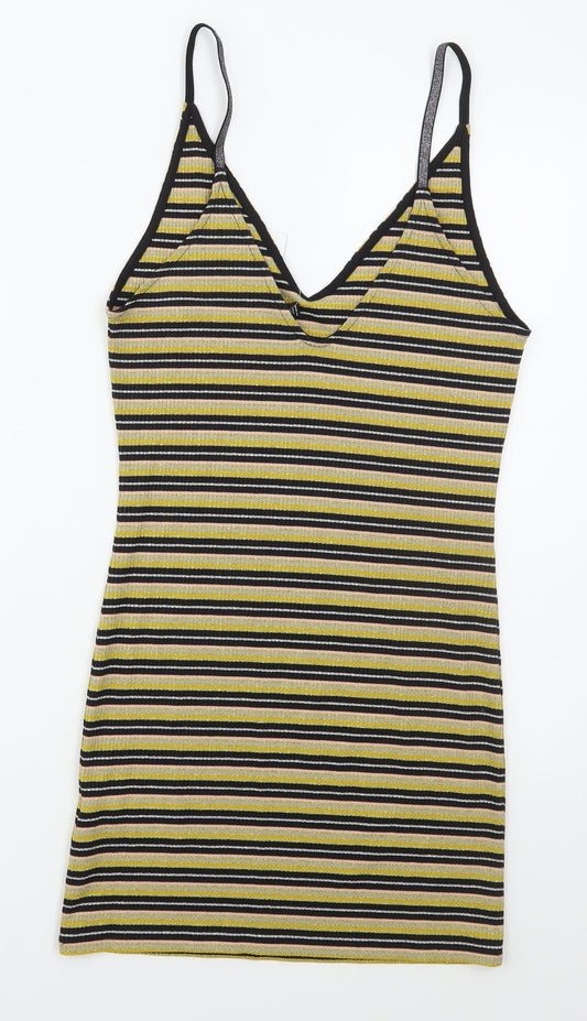 Topshop Womens Gold Striped Viscose Mini  Size 12  V-Neck Pullover