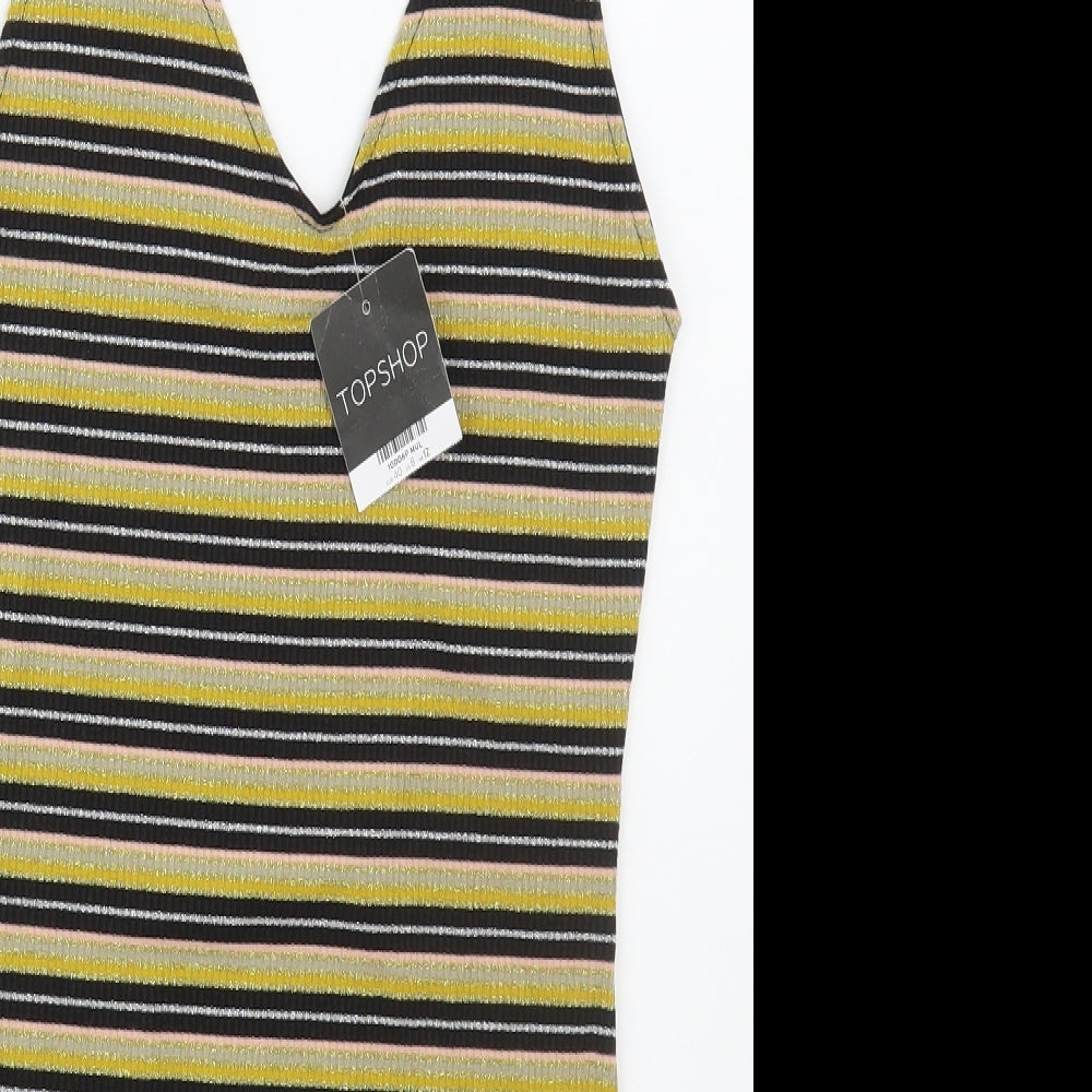 Topshop Womens Gold Striped Viscose Mini  Size 12  V-Neck Pullover