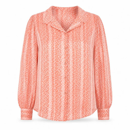 Front view of Paige women’s pink polka dot polyester basic button-up, size UK 16, collared