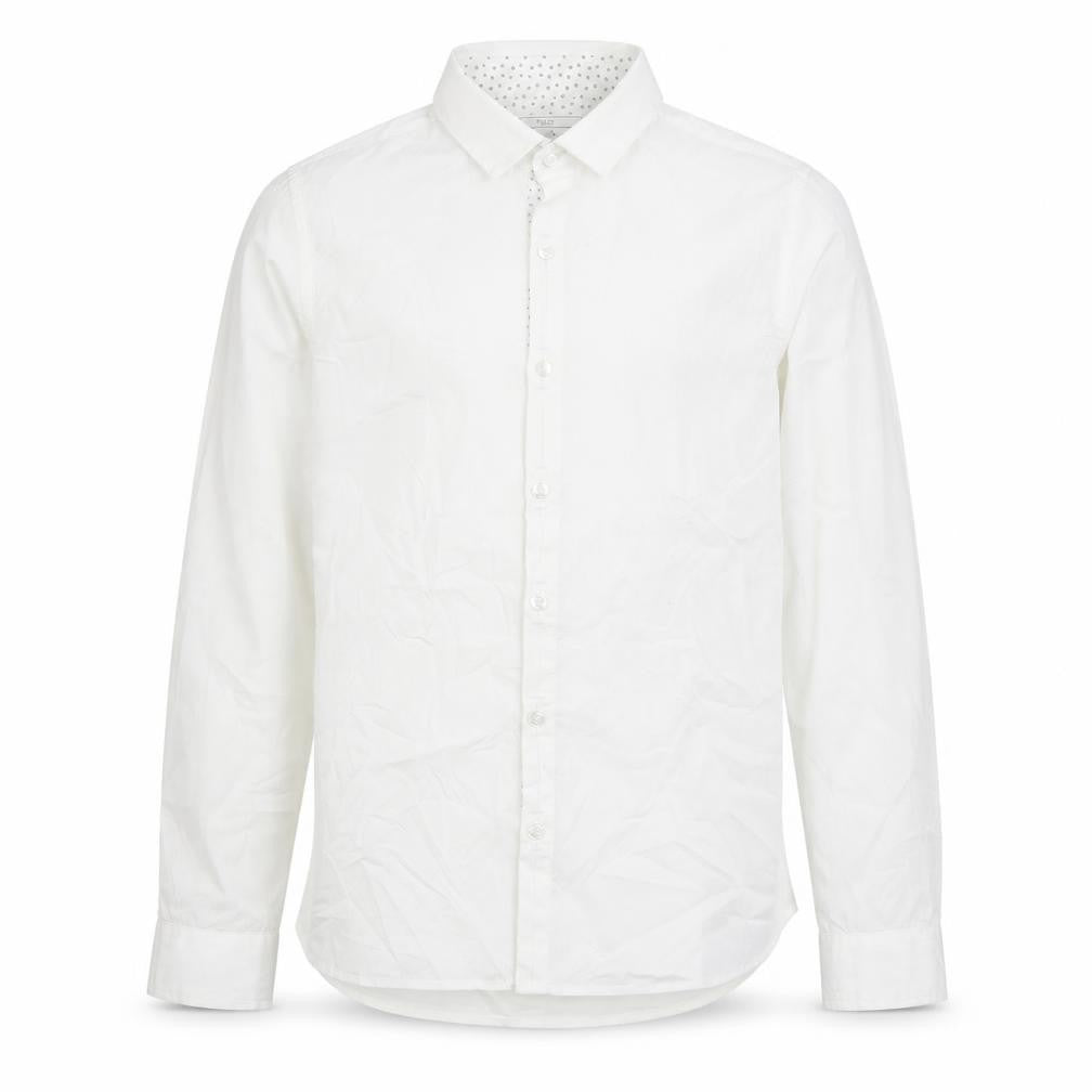 Front view of Next boys’ white geometric 100% cotton basic button-up, size 12, years collared button