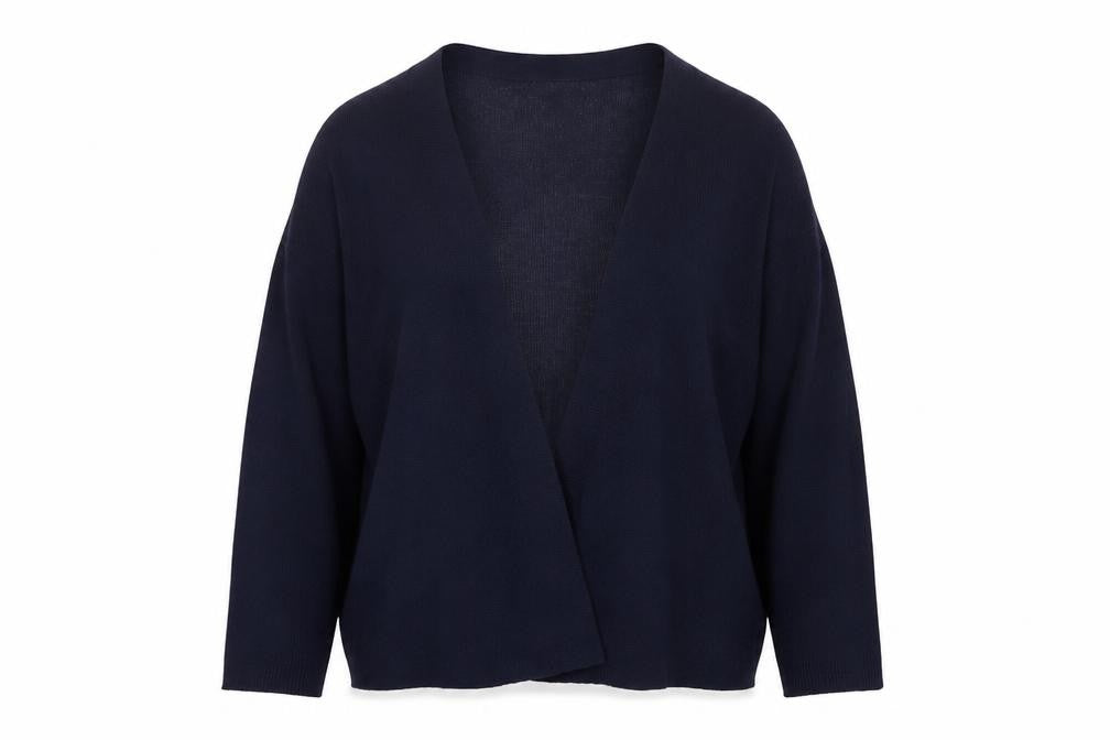 Front view of Gallery women’s blue v-neck viscose cardigan jumper, size L