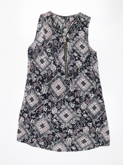 Izabel Womens Black Paisley Viscose Mini  Size 10  V-Neck