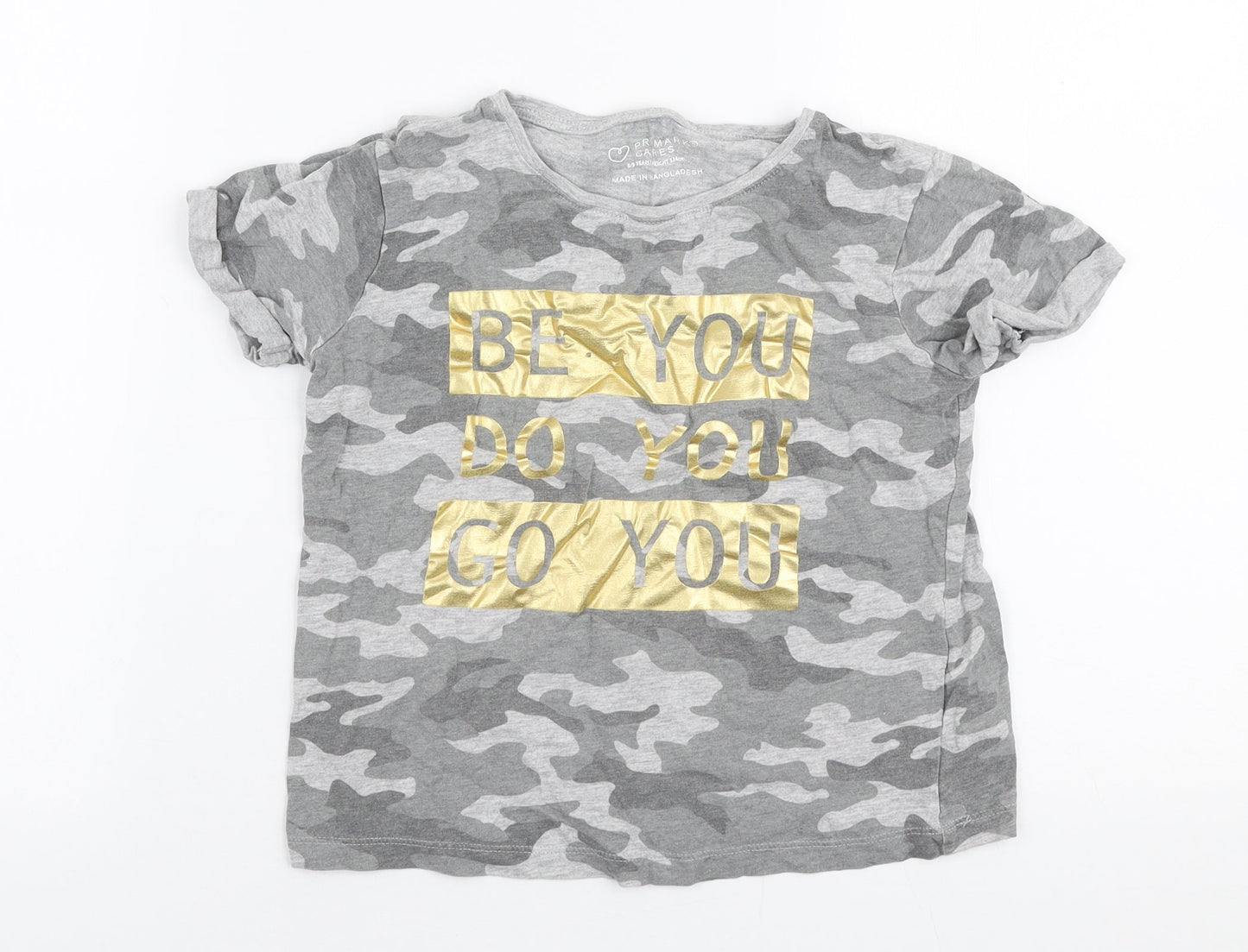 Primark Girls Grey Camouflage Cotton Cropped T-Shirt Size 8-9 Years Round Neck Pullover - Be you