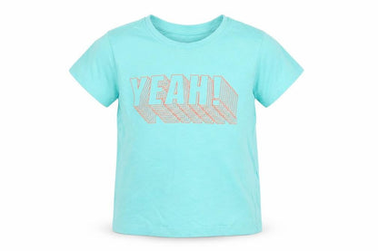 Front view of Primark boys’ blue cotton basic t-shirt, size 3-4, years round neck pullover - yeah