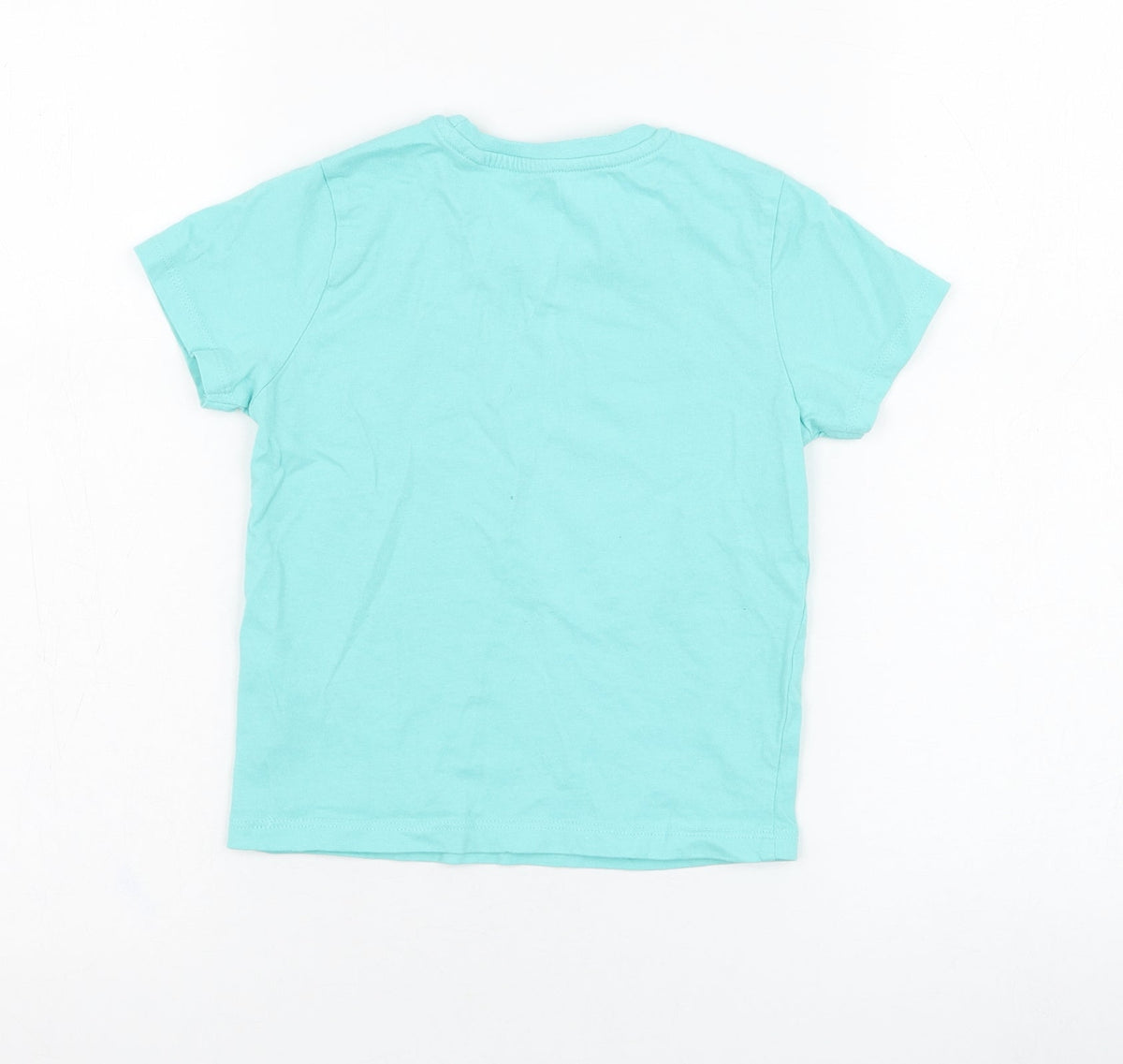 Back view of Primark boys’ blue cotton basic t-shirt, size 3-4, years round neck pullover - yeah