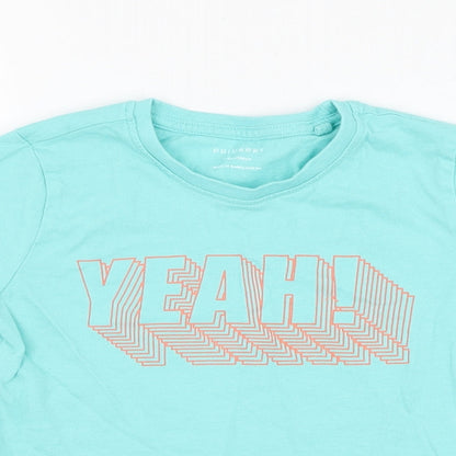 Close-up detail of Primark boys’ blue cotton basic t-shirt, size 3-4, years round neck pullover - yeah