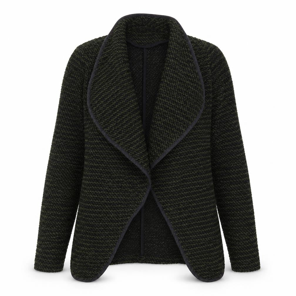 Front view of New Look women’s green v-neck polyester cardigan jumper, size UK 10