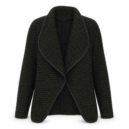 Front view of New Look women’s green v-neck polyester cardigan jumper, size UK 10