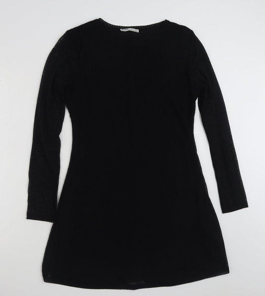 Pull&Bear Womens Black Plaid Polyester A-Line  Size L  Crew Neck Pullover