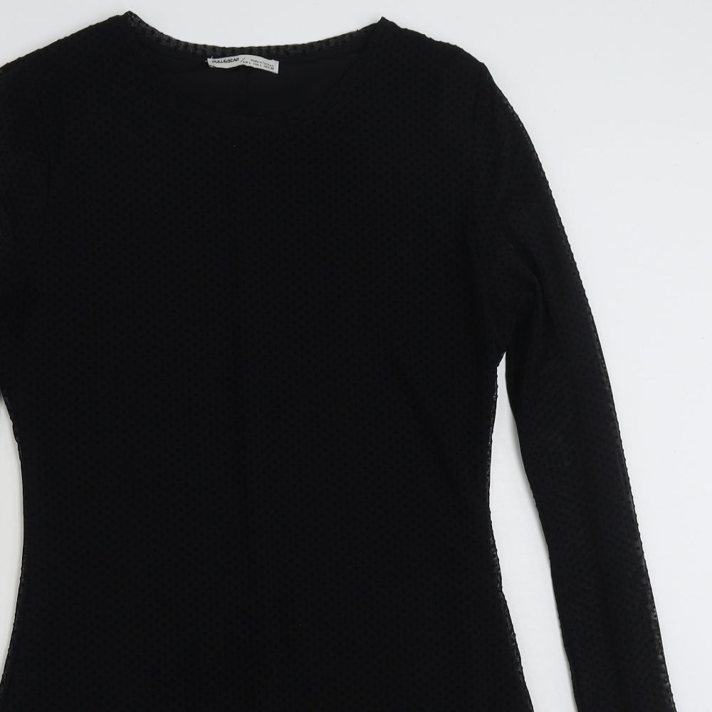 Pull&Bear Womens Black Plaid Polyester A-Line  Size L  Crew Neck Pullover