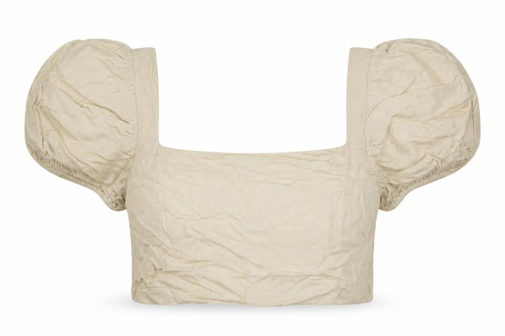 Front view of PRETTYLITTLETHING women’s beige linen cropped blouse, size UK 16, square neck