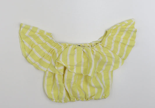 New Look Womens Yellow Striped Cotton Cropped Blouse Size 8 Off the Shoulder