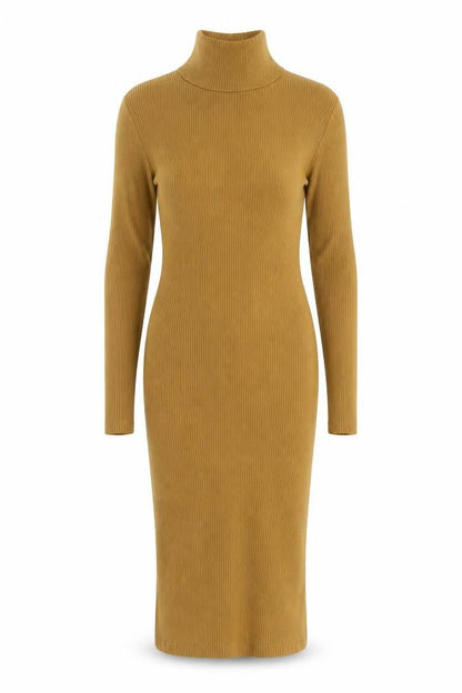 Front view of Collusion women’s brown cotton pencil dress, size UK 6, high neck pullover