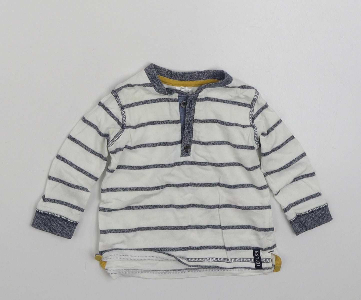 F&F Boys White Striped 100% Cotton Basic T-Shirt Size 3-6 Months Henley Button