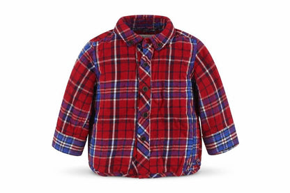 Front view of Next boys’ red plaid 100% cotton basic button-up, size 3-6, months collared button