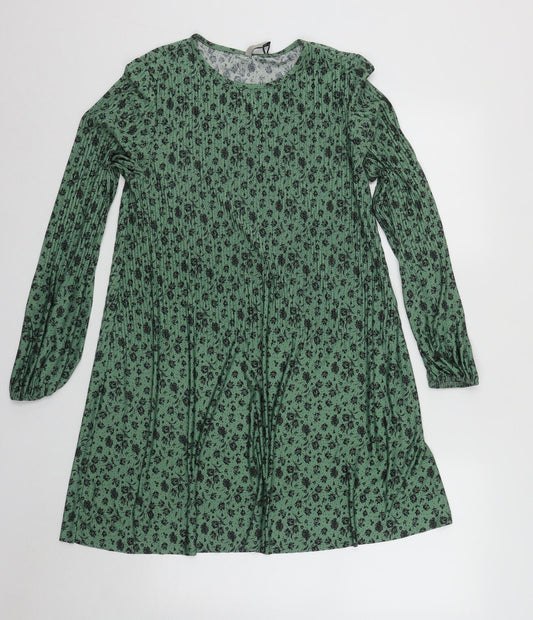 Stradivarius Womens Green Floral Polyester Skater Dress  Size S  Roll Neck