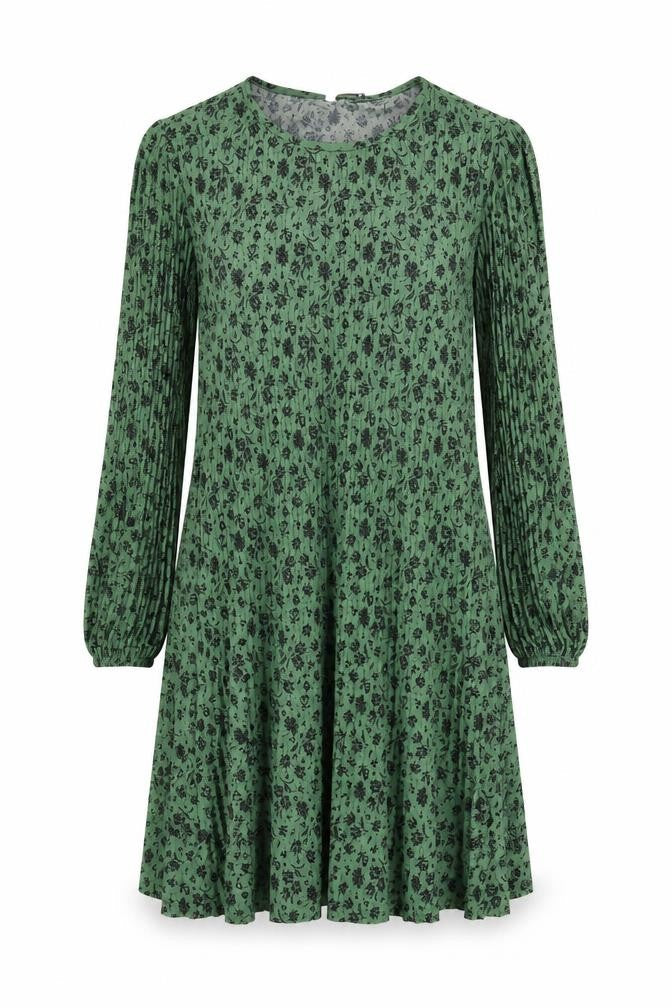 Front view of Stradivarius women’s green floral polyester skater dress, size S, roll neck