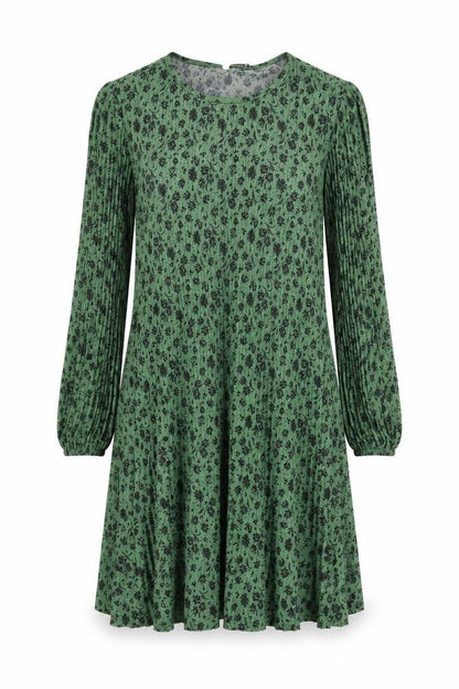 Front view of Stradivarius women’s green floral polyester skater dress, size S, roll neck