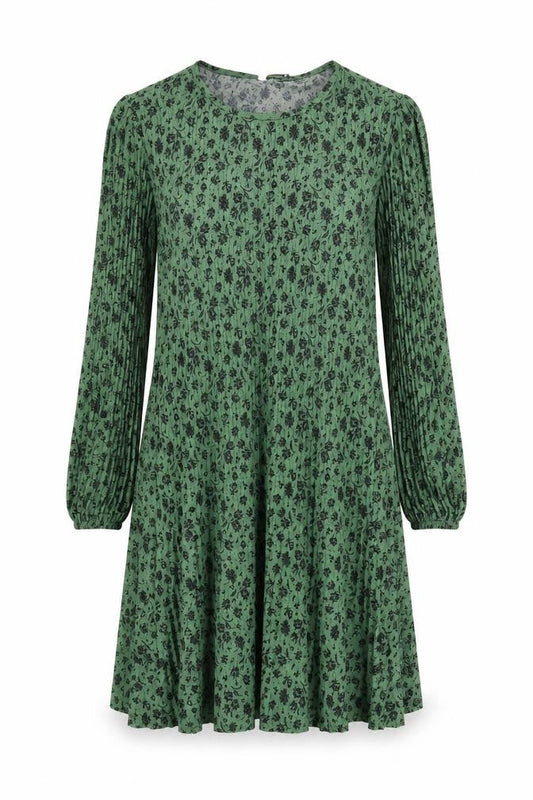 Front view of Stradivarius women’s green floral polyester skater dress, size S, roll neck