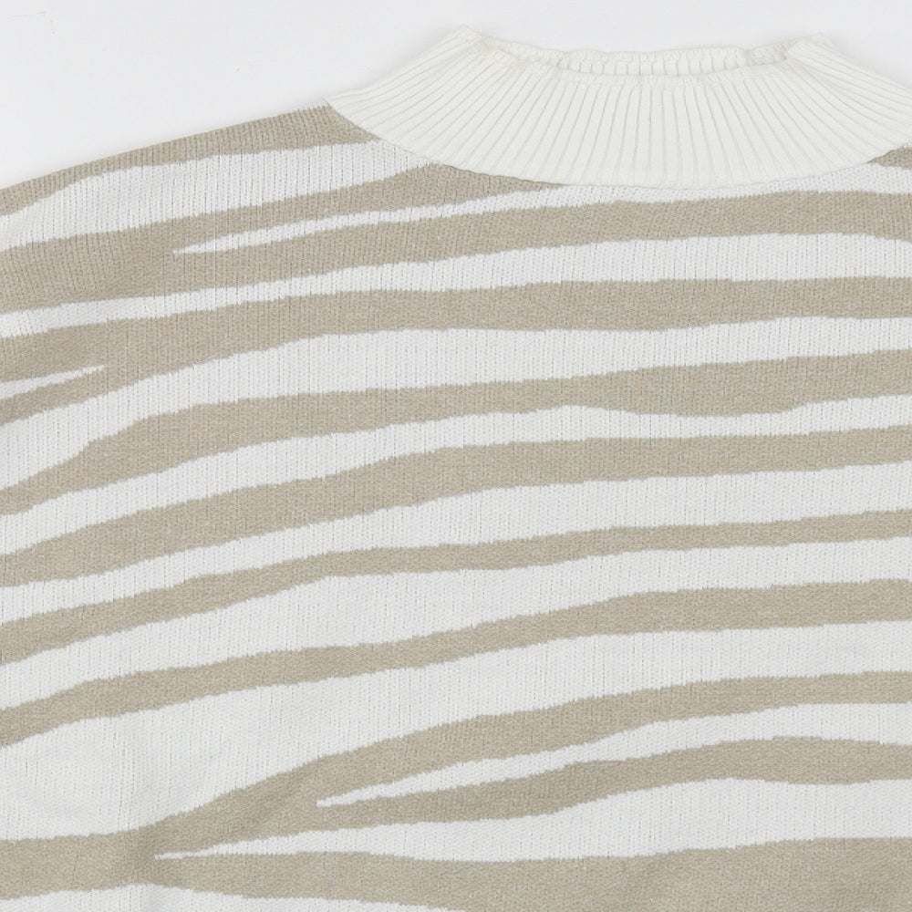 Close-up detail of JDWilliams women’s multicoloured high neck geometric cotton jumper, size UK 12