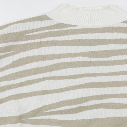 Close-up detail of JDWilliams women’s multicoloured high neck geometric cotton jumper, size UK 12