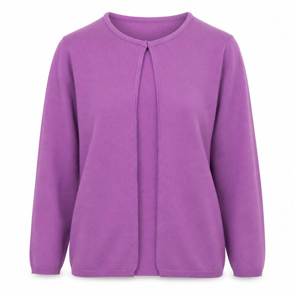 Front view of BAY women’s purple v-neck acrylic cardigan jumper, size UK 10