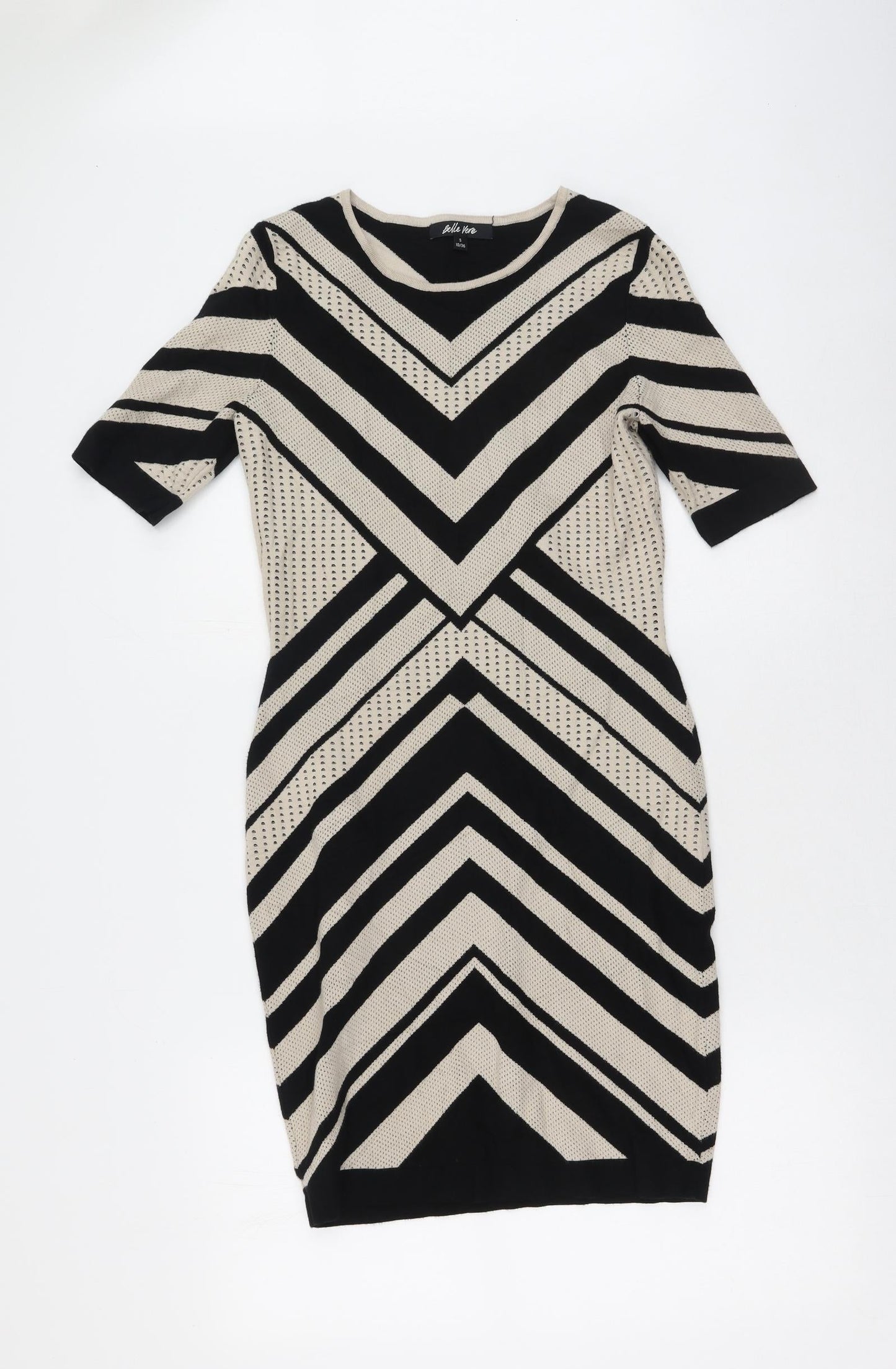 Belle Vere Womens Beige Geometric Viscose Bodycon  Size S  Round Neck