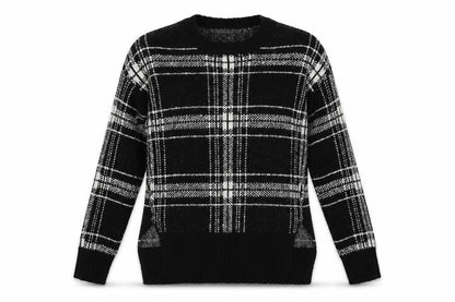 Front view of Marks & Spencer women’s black crew neck plaid acrylic jumper, size S