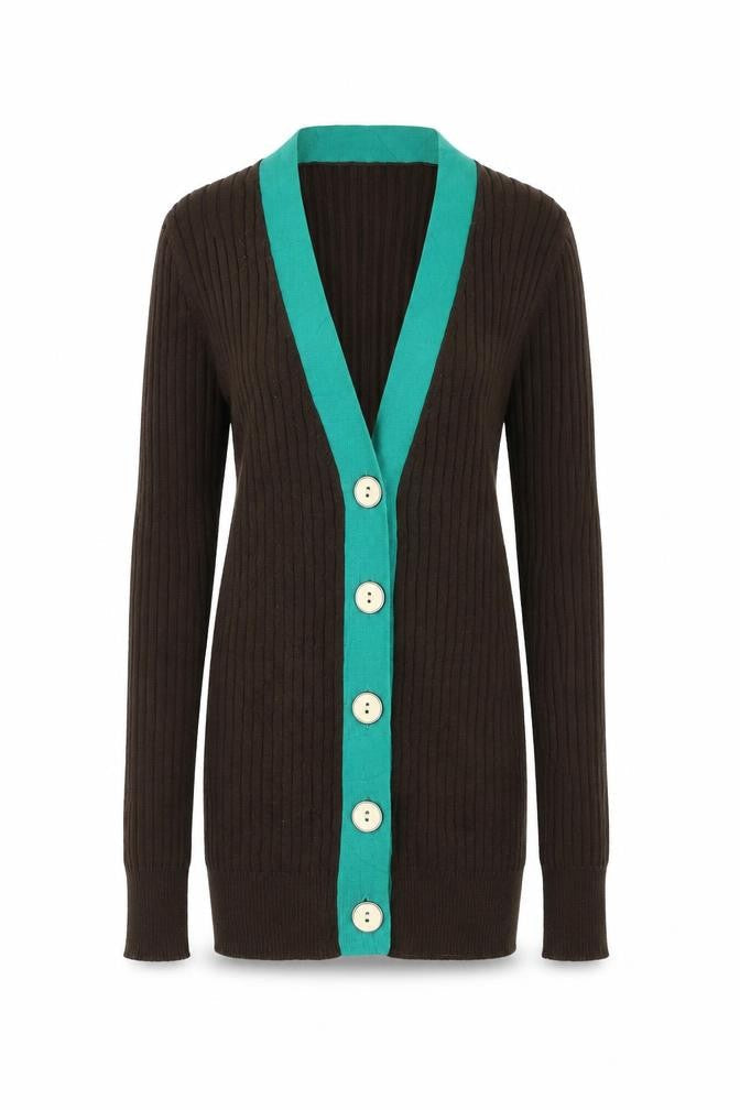 Front view of Old Navy women’s brown v-neck polyester cardigan jumper, size XS