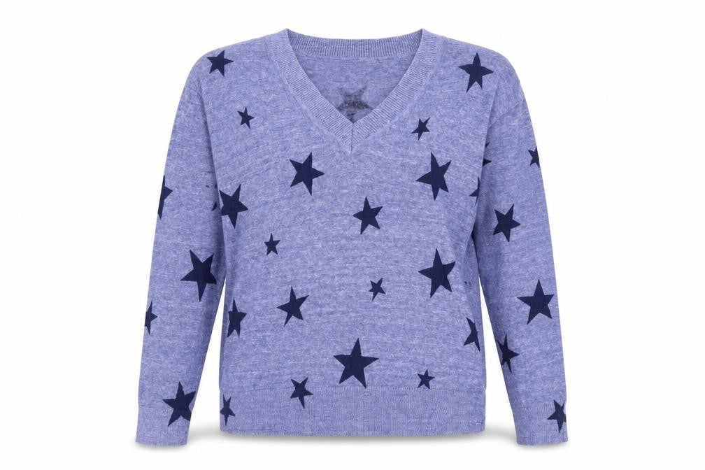 Front view of Marks & Spencer women’s blue boat neck cotton jumper, size S, - stars