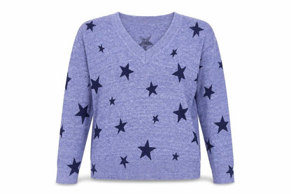 Front view of Marks & Spencer women’s blue boat neck cotton jumper, size S, - stars