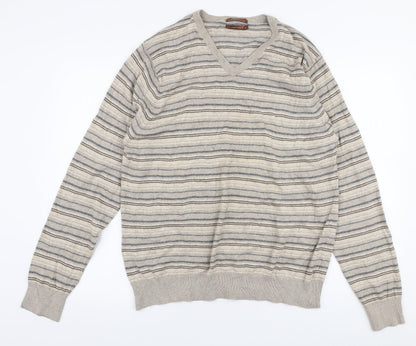 Marks and Spencer Mens Beige V-Neck Striped Viscose Pullover Jumper Size L