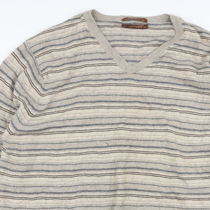 Marks and Spencer Mens Beige V-Neck Striped Viscose Pullover Jumper Size L