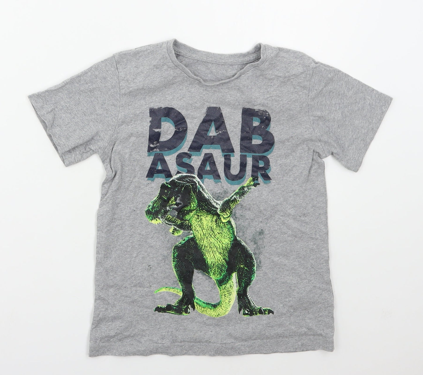 Preworn Boys Grey  Cotton Basic T-Shirt Size 7-8 Years Crew Neck Pullover - Dabasaur