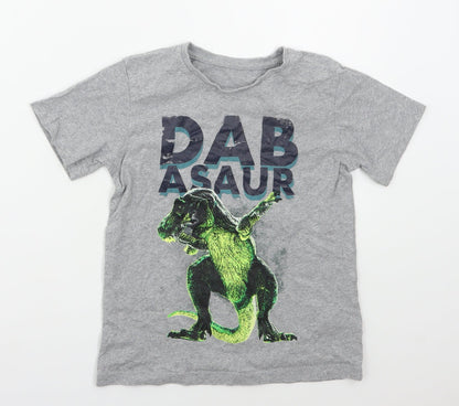 Preworn Boys Grey  Cotton Basic T-Shirt Size 7-8 Years Crew Neck Pullover - Dabasaur