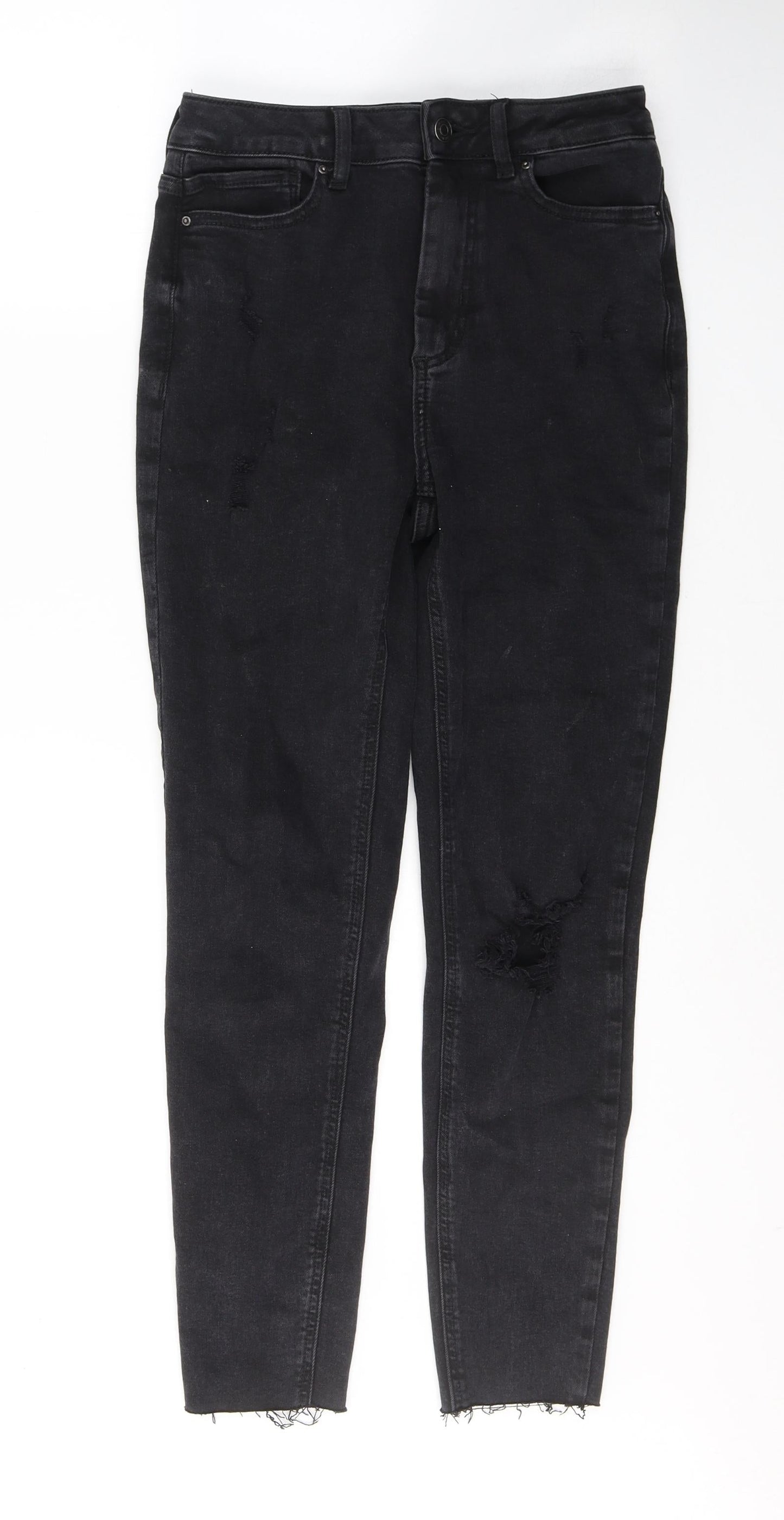New Look Womens Black  Cotton Skinny Jeans Size 8 L26 in Regular Button - ripped detail