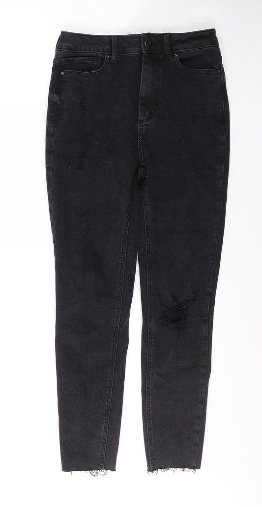 New Look Womens Black  Cotton Skinny Jeans Size 8 L26 in Regular Button - ripped detail