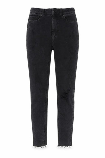 Front view of New Look women’s black cotton skinny jeans, size UK 8, 26-inch leg regular button - ripped detail
