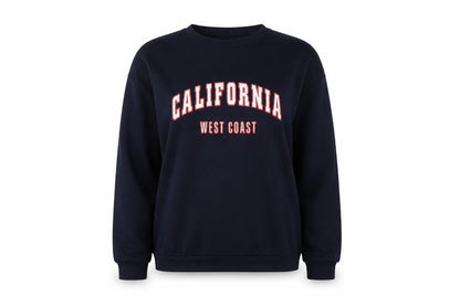 Front view of SHEIN women’s blue cotton pullover sweatshirt, size S, pullover - california