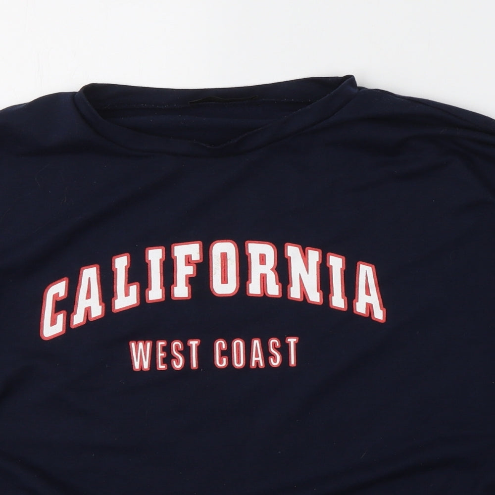 Close-up detail of SHEIN women’s blue cotton pullover sweatshirt, size S, pullover - california