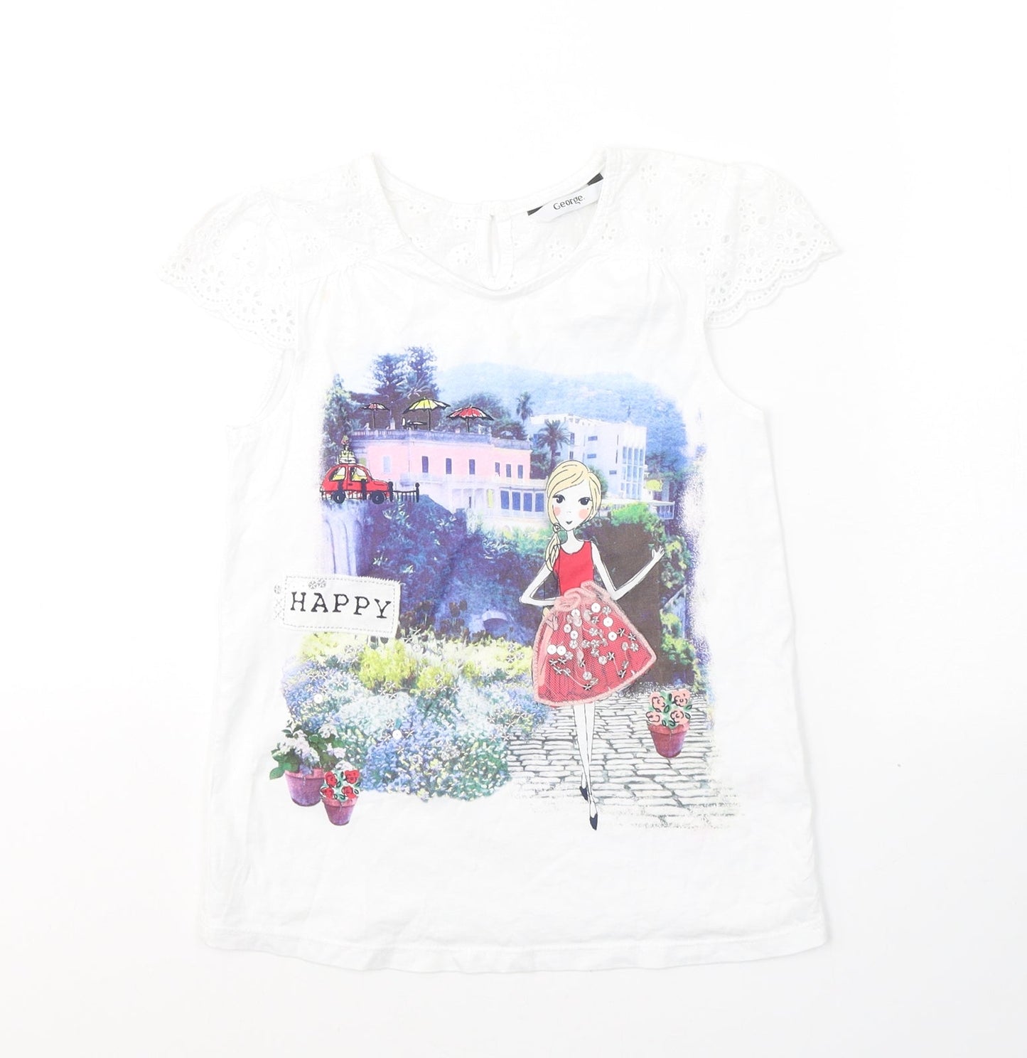 GEORGE  Girls White  Cotton Basic T-Shirt Size 7-8 Years Round Neck Pullover - Happy city girl