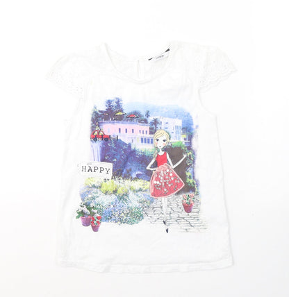 GEORGE  Girls White  Cotton Basic T-Shirt Size 7-8 Years Round Neck Pullover - Happy city girl